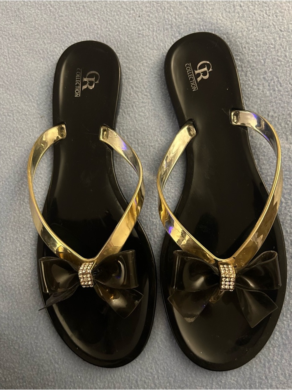 CR Collection Black Jelly Sandals with Gold Straps & rhinestones - Picture 4 of 16